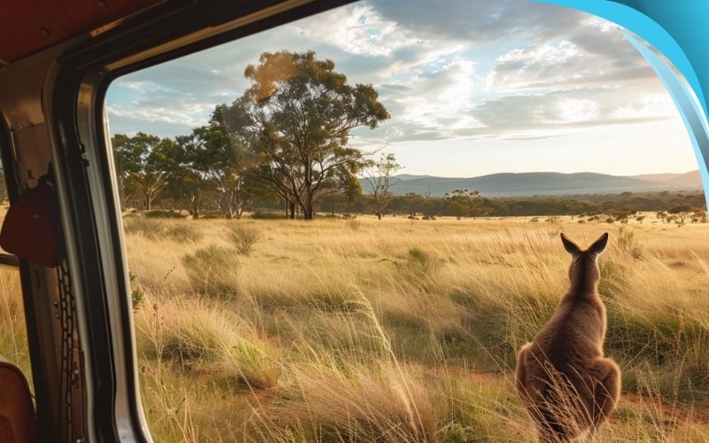 Tourist taking a photo of a kangaroo encounter during their road trip in Australia, self-drive, May 2024, Australia