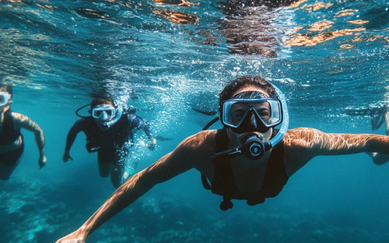 group of friends snorkelling or freediving underwater, travelling with friends, July 2024, Australia