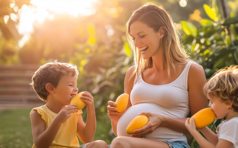 mum enjoying Aussie mangos with her kids, Christmas trip, September 2024, Australia