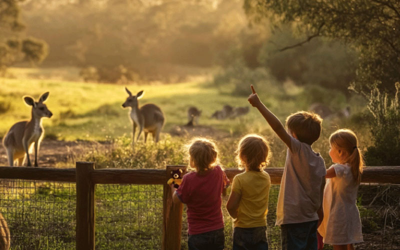 children watching kangaroos, Australia animal tour, November 2024, Australia