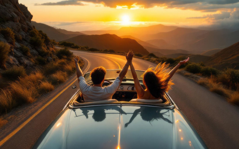 couple with a dog driving off to sunset, Valentine’s Day road trip, December 2024, Australia